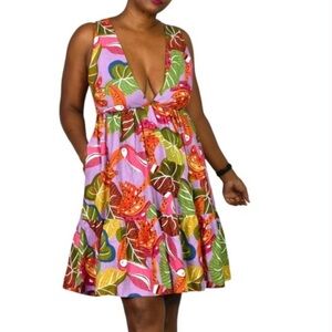 HOUSE OF HARLOW 1960 Linen-Blend Open-Back-Bow Pockets Flared Mini Dress Large